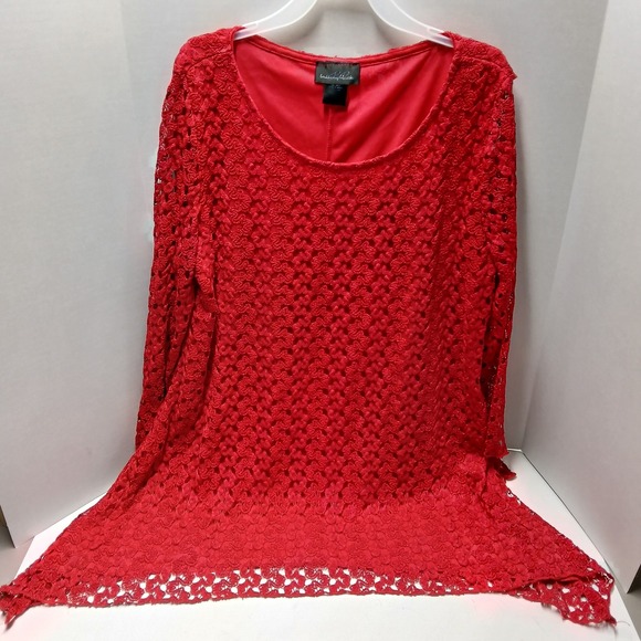 Brittany Black Tops - Brittany Black - Red Lace Sequin Top Womens Med 3/4 Sleeve Blouse Lined